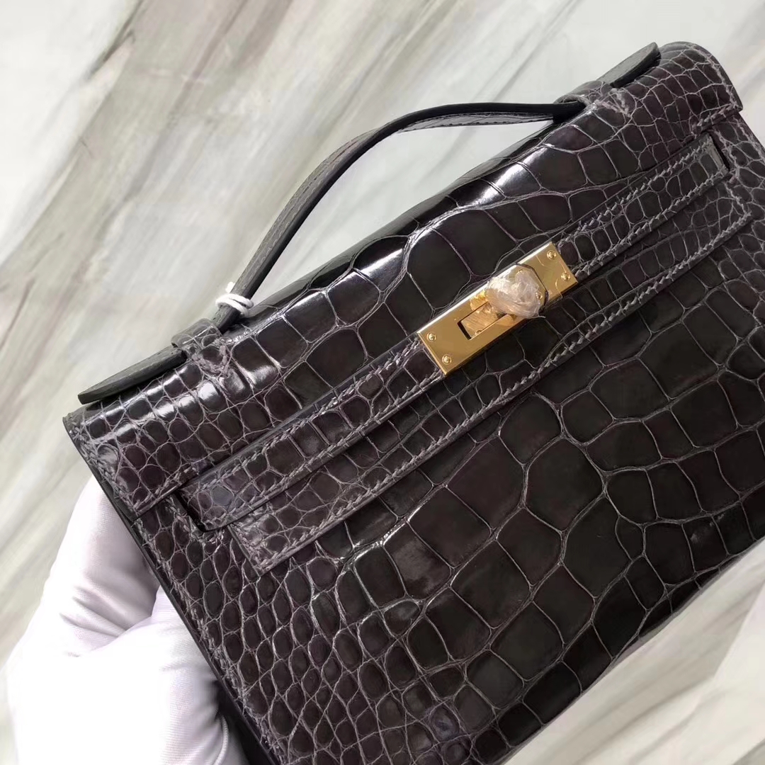 Hermès（爱马仕）Minikelly pochette 亮面鳄鱼 ck88 石墨灰 Graphite 金扣 22cm