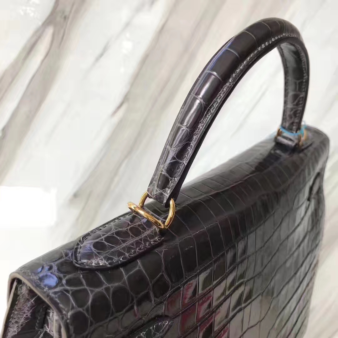 Hermès（爱马仕）Kelly凯莉包 shiny porosus 澳洲湾鳄 ck88石墨灰 蜡线全手工 金扣 32cm
