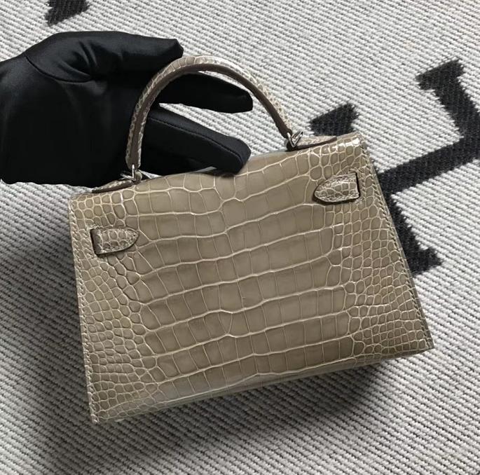 Hermès（爱马仕）mini 迷你凯莉 大象灰 美洲鳄鱼方块 银扣 2代