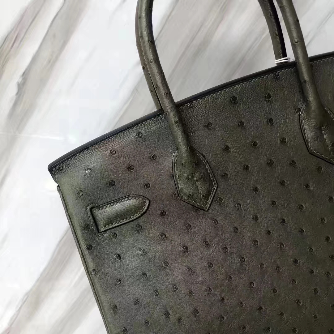 Hermès（爱马仕）Birkin铂金包 ostrich kk鸵鸟 V6丛林绿 顶级工艺 蜡线全手工 金扣 30cm
