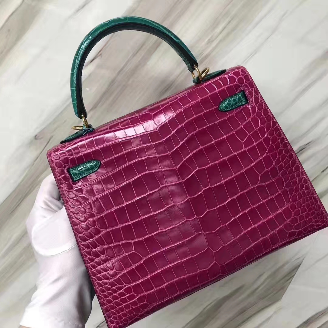 Hermès（爱马仕）Kelly 亮面澳洲湾鳄 J5 天方夜谭粉紫 6Ｑ翡翠绿 金扣 马蹄印 25cm