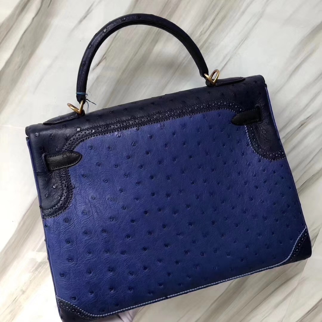 Hermès(爱马仕)Kelly凯莉包 Ostrich GHillies 蕾丝 鸵鸟 电光蓝拼黑色 金扣 32cm-拉尔森鳄鱼皮具定制 - 爱马仕包包官网 Hermès(爱马仕)Kelly凯莉包 Ostrich GHillies 蕾丝 鸵鸟 电光蓝拼黑色 金扣 32cm