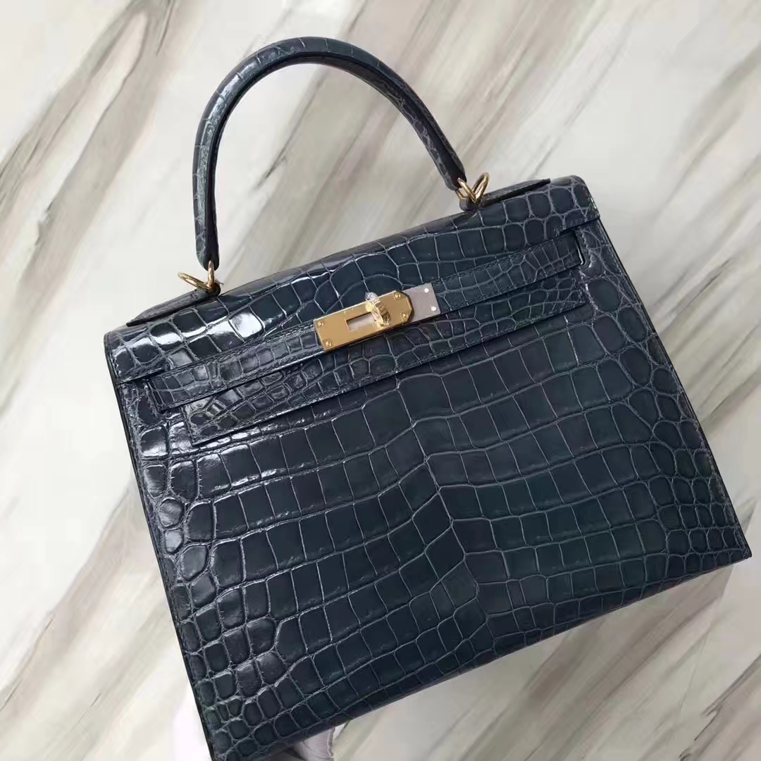 Hermès（爱马仕）Kelly凯莉包 Crocodile shiny 亮面鳄鱼1p 鸭子蓝 金扣 28cm