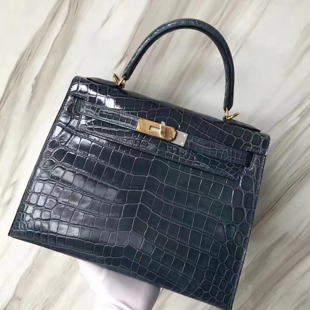 Hermès（爱马仕）Kelly凯莉包 Crocodile shiny 亮面鳄鱼1p 鸭子蓝 金扣 28cm