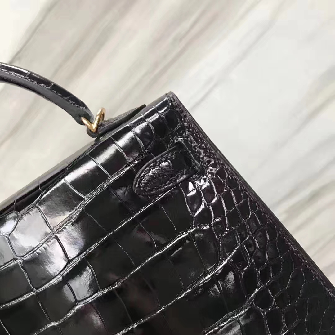 Hermès（爱马仕）Minikelly ll Alligator shiny 亮面鳄鱼 ck89 黑色 noir 金扣 现货