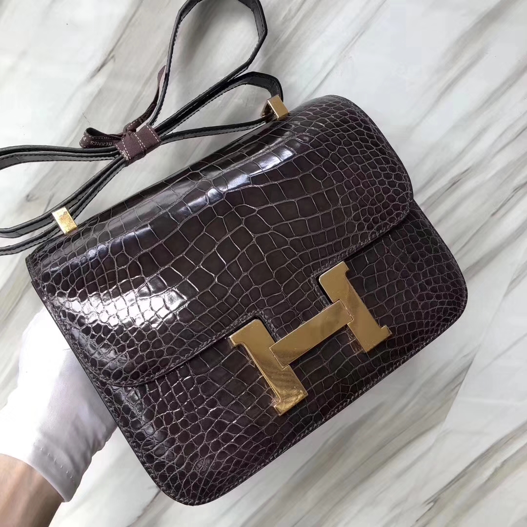 Hermès（爱马仕）Constance24cm Alligator shiny 亮面鳄鱼 ck88 石墨灰 金扣 现货