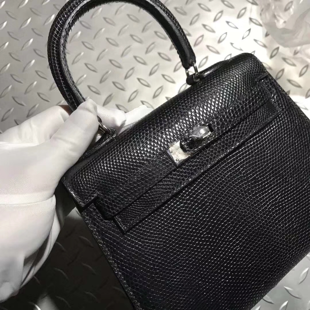 Hermès(爱马仕)Kelly20大耳朵 lizard 进口蜥蜴皮 ck89黑色 顶级工艺 蜡线全手工 银扣-拉尔森鳄鱼皮具定制 - 爱马仕包包官网 Hermès(爱马仕)Kelly20大耳朵 lizard 进口蜥蜴皮 ck89黑色 顶级工艺 蜡线全手工 银扣