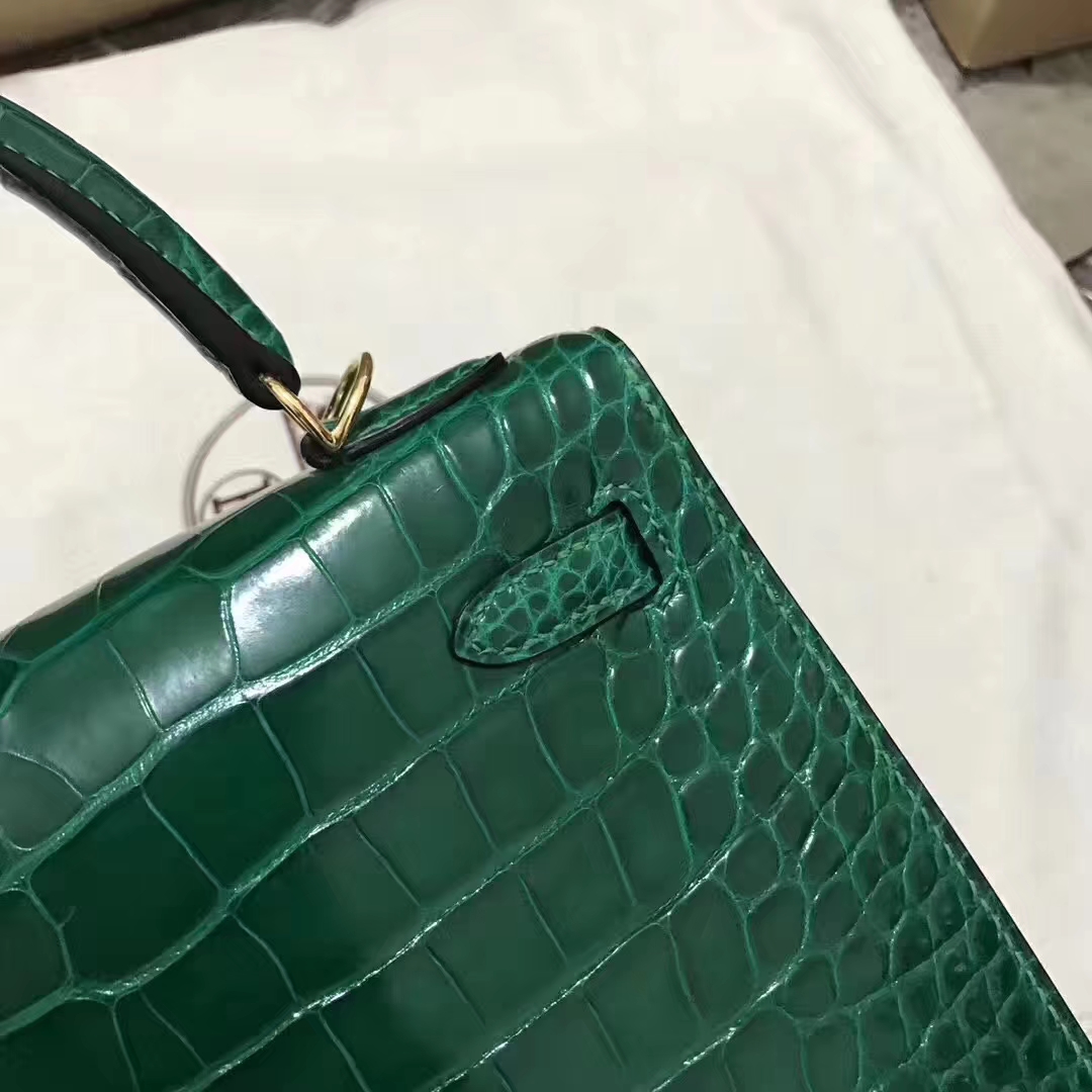 Hermès（爱马仕）Kelly Alligator shiny 亮面鳄鱼 6Ｑ 翡翠绿 金扣 25cm