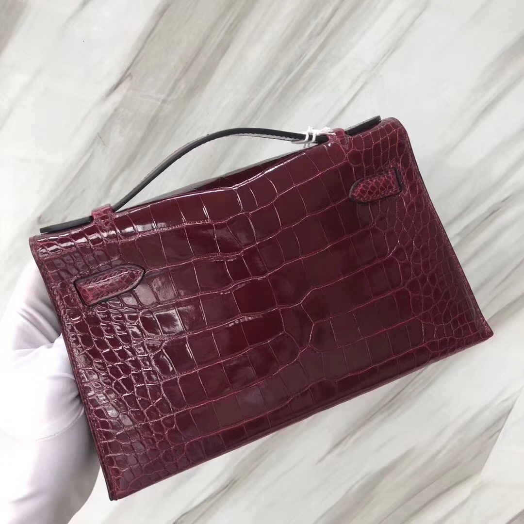 Hermès（爱马仕）Mini Kelly 亮面框框美洲鳄 F5勃艮第酒红 顶级工艺 蜡线全手工 银扣 22cm