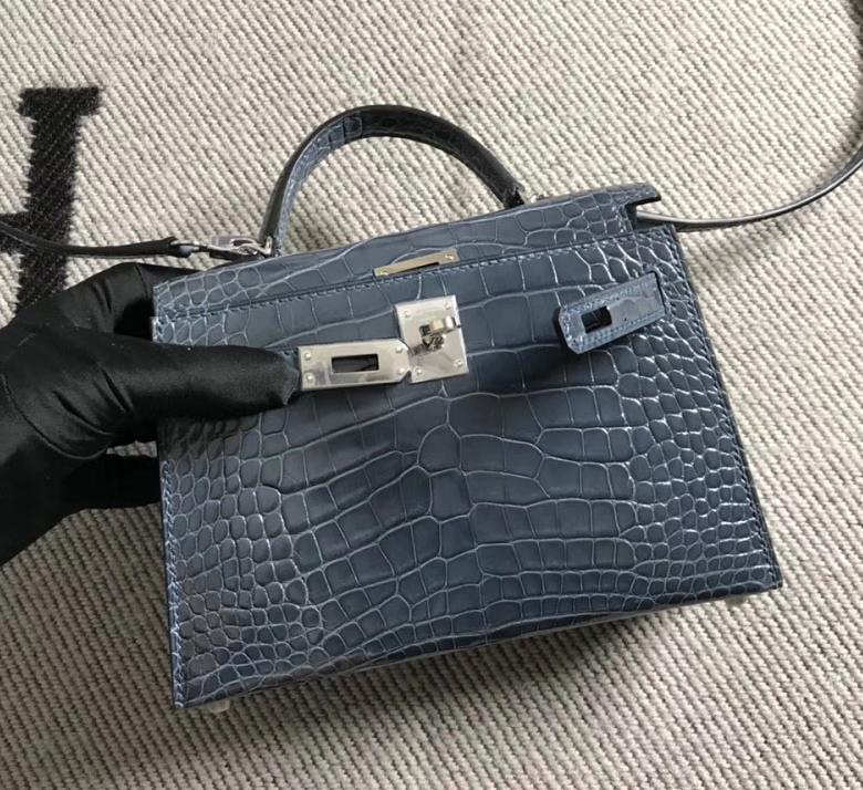 Hermès（爱马仕）mini 迷你凯莉 风暴蓝 美洲鳄鱼方块 银扣 2代