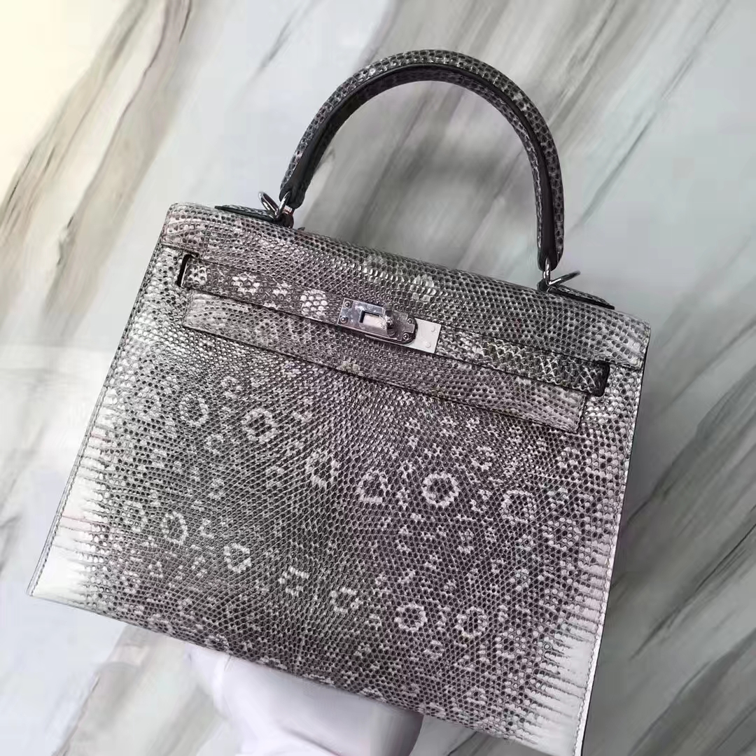 Hermès（爱马仕）Kelly凯莉包 Lizard 进口亮面蜥蜴 小喜马拉雅色 黑白色 银扣 25cm