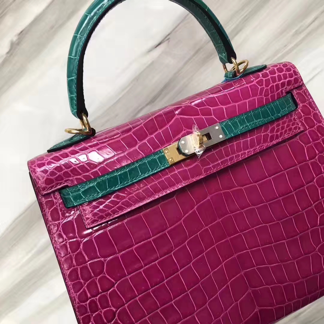 Hermès(爱马仕)Kelly 亮面澳洲湾鳄 J5 天方夜谭粉紫 6Q翡翠绿 金扣 马蹄印 25cm-拉尔森鳄鱼皮具定制 - 爱马仕包包官网 Hermès(爱马仕)Kelly 亮面澳洲湾鳄 J5 天方夜谭粉紫 6Q翡翠绿 金扣 马蹄印 25cm