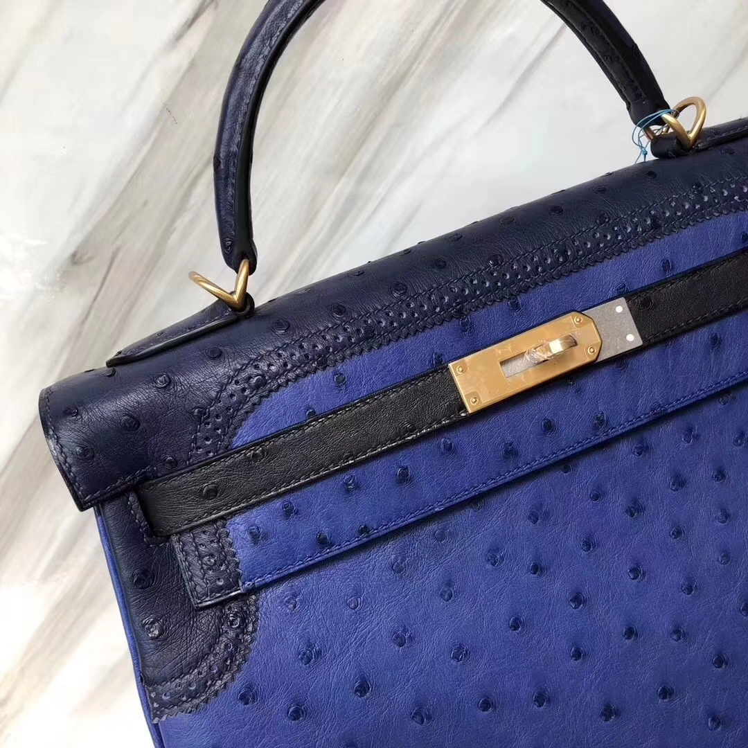 Hermès(爱马仕)Kelly凯莉包 Ostrich GHillies 蕾丝 鸵鸟 电光蓝拼黑色 金扣 32cm-拉尔森鳄鱼皮具定制 - 爱马仕包包官网 Hermès(爱马仕)Kelly凯莉包 Ostrich GHillies 蕾丝 鸵鸟 电光蓝拼黑色 金扣 32cm
