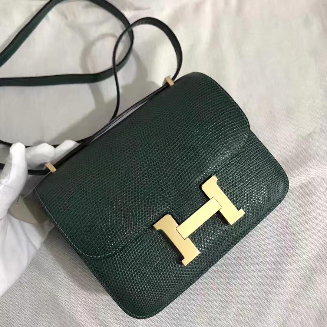 Hermès（爱马仕）Constance 空姐包 进口亮面蜥蜴皮 ck67 祖母绿 Vert fonce 金扣 18cm