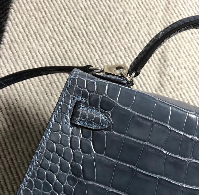 Hermès（爱马仕）mini 迷你凯莉 风暴蓝 美洲鳄鱼方块 银扣 2代
