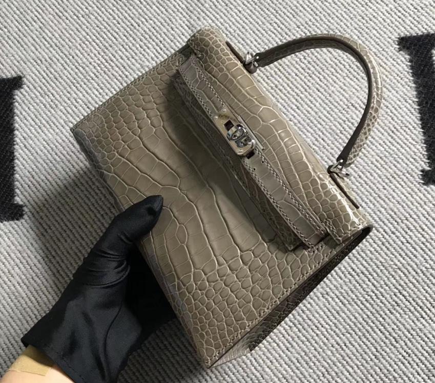 Hermès（爱马仕）mini 迷你凯莉 大象灰 美洲鳄鱼方块 银扣 2代