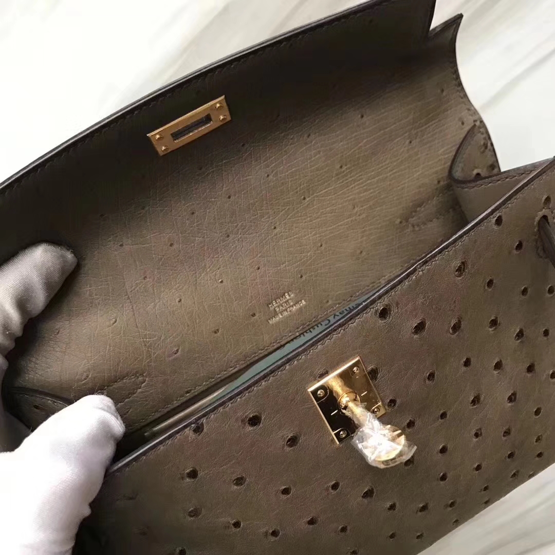 Hermès（爱马仕）Mini Kelly ostrich kk鸵鸟 ck18大象灰 顶级工艺 蜡线全手工 金扣 22cm