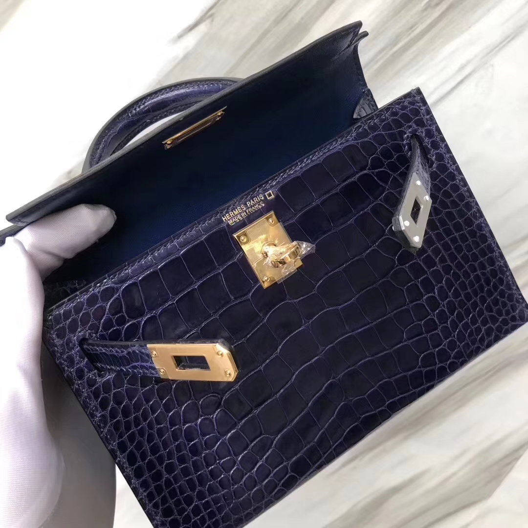 Hermès（爱马仕）Minikelly ll Alligator shiny 亮面鳄鱼 m3 墨水蓝 金扣 超美现货