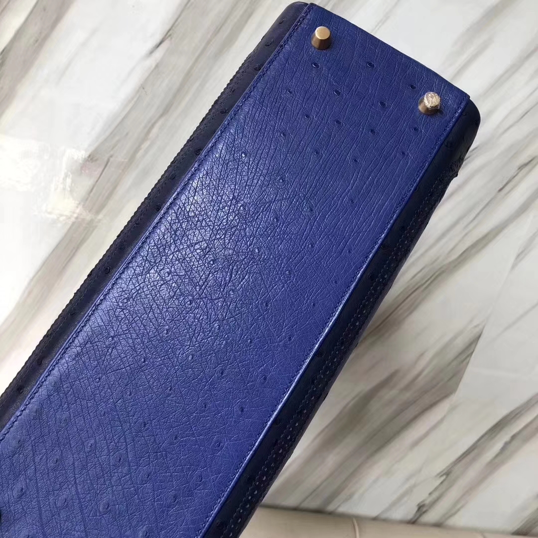 Hermès（爱马仕）Kelly凯莉包 Ostrich GHillies 蕾丝 鸵鸟 电光蓝拼黑色 金扣 32cm