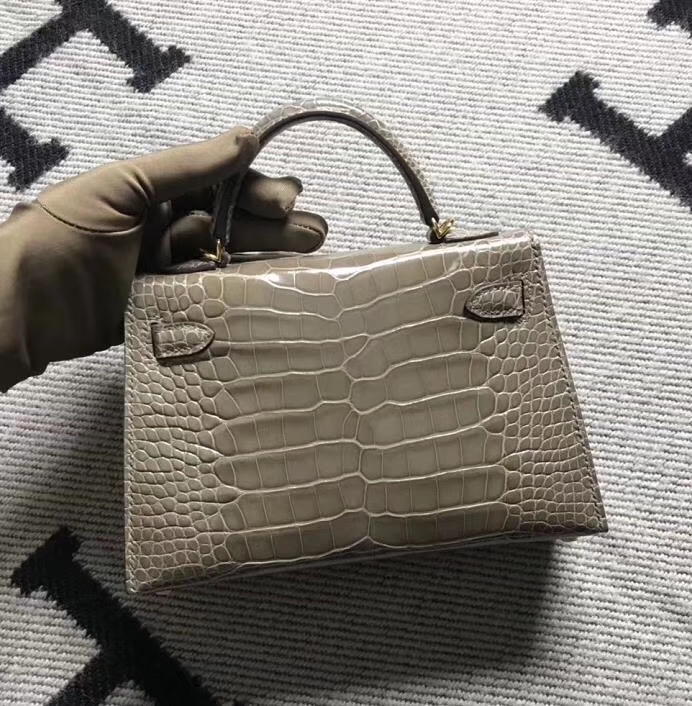 Hermès（爱马仕）minikelly 亮面鳄鱼皮 大象灰 金扣 2代
