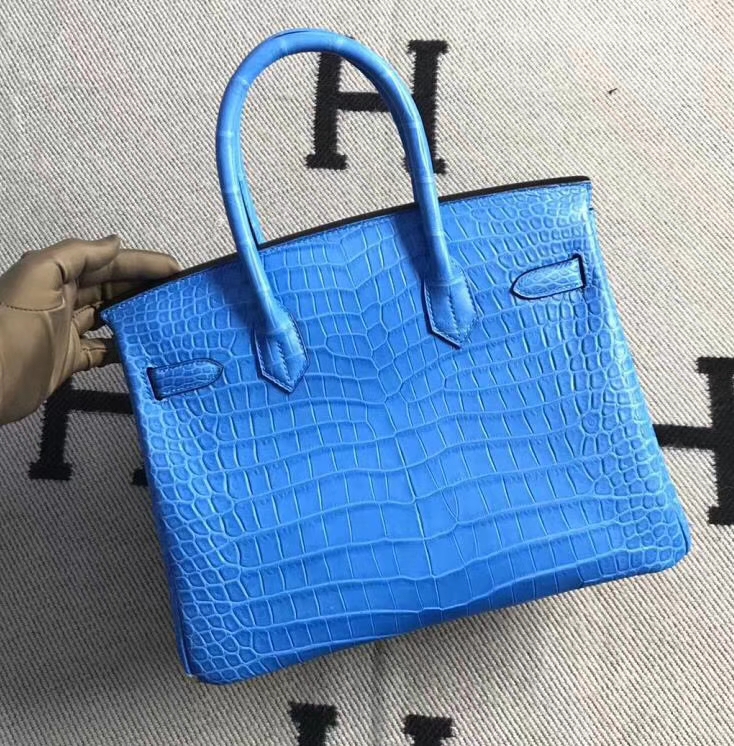 Hermès（爱马仕）Birkin铂金包 亚光湾鳄鱼皮 天空蓝 银扣 30cm