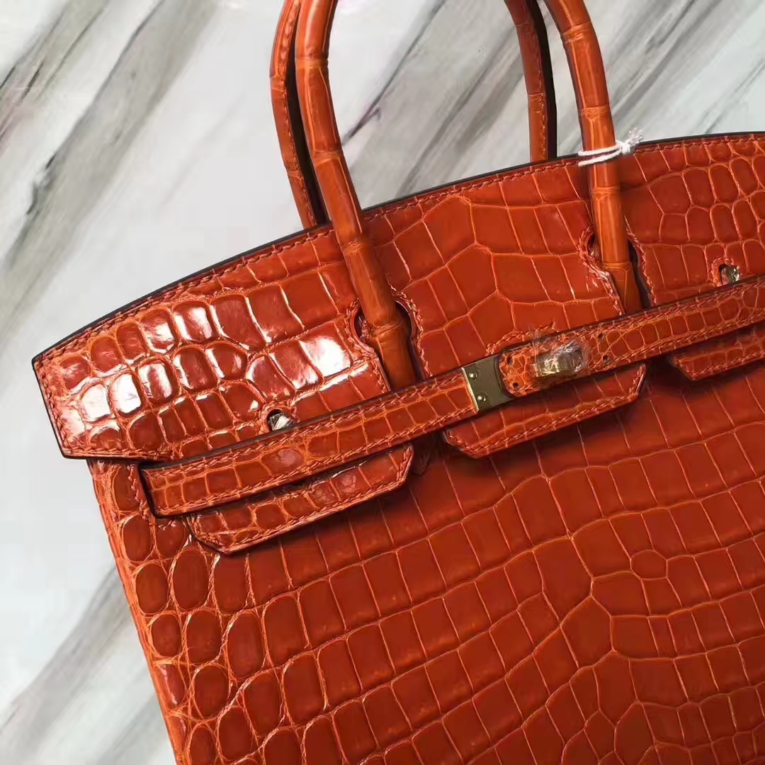 Hermès（爱马仕）Birkin Crocodile shiny 亮面鳄鱼 93橙色 orange 金扣 25cm
