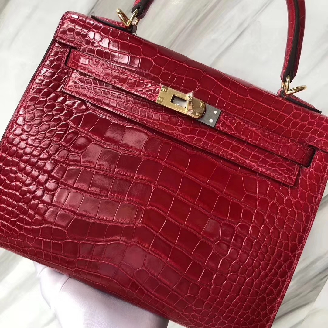Hermès（爱马仕）Kelly凯莉包 Alligator shiny 亮面鳄鱼 ck95 法拉利红 Braise 金扣 25cm