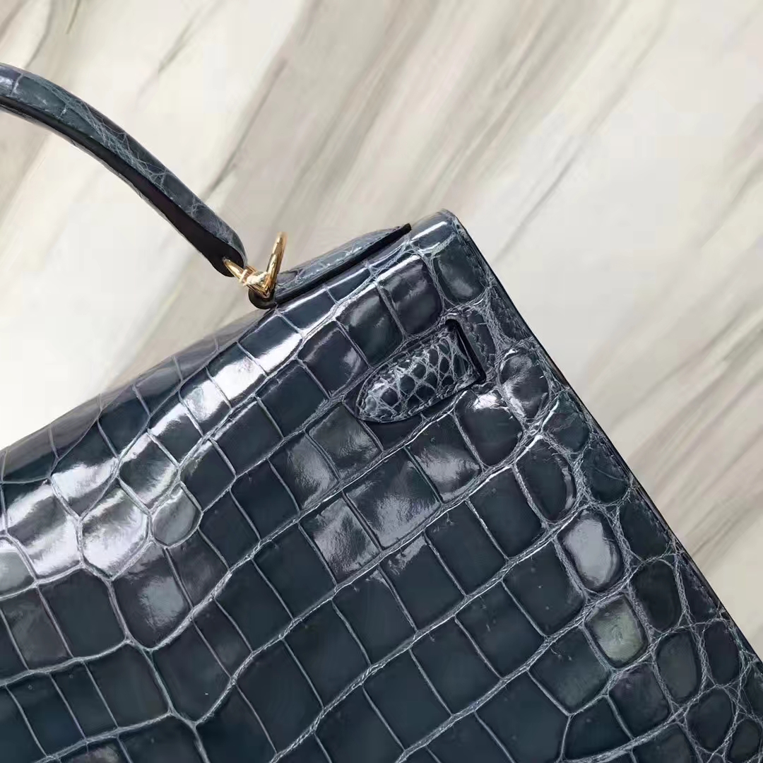 Hermès（爱马仕）Kelly凯莉包 Crocodile shiny 亮面鳄鱼1p 鸭子蓝 金扣 28cm