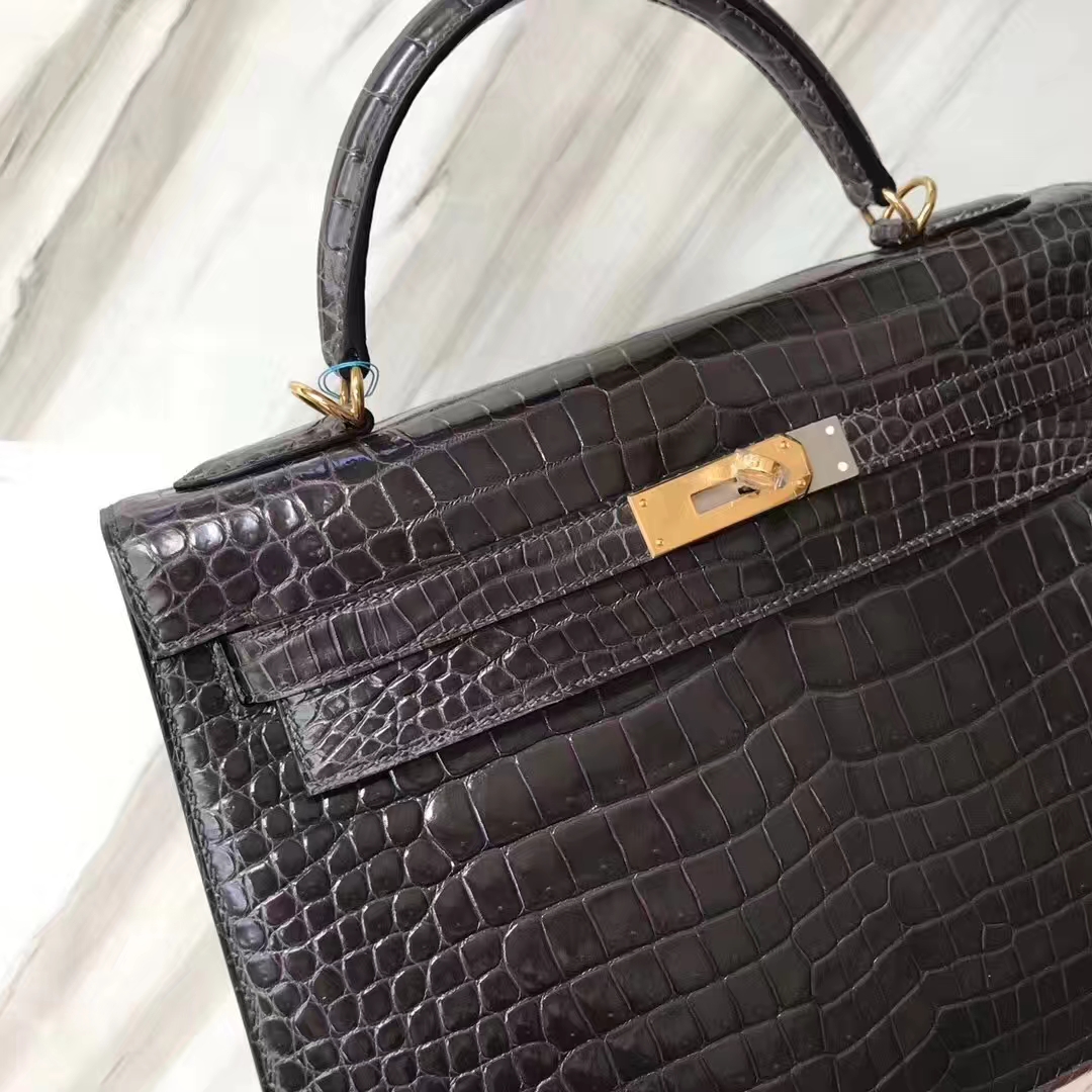 Hermès(爱马仕)Kelly凯莉包 shiny porosus 澳洲湾鳄 ck88石墨灰 蜡线全手工 金扣 32cm-拉尔森鳄鱼皮具定制 - 爱马仕包包官网 Hermès(爱马仕)Kelly凯莉包 shiny porosus 澳洲湾鳄 ck88石墨灰 蜡线全手工 金扣 32cm