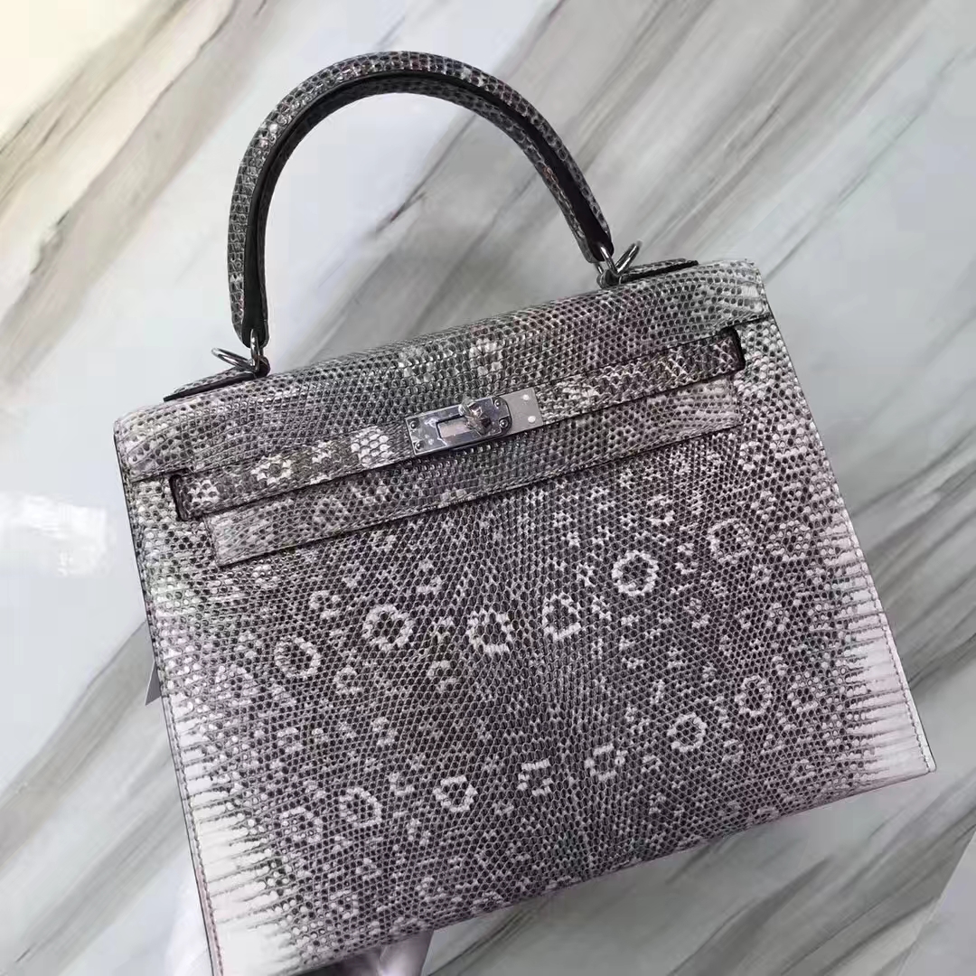 Hermès（爱马仕）Kelly凯莉包 Lizard 进口亮面蜥蜴 小喜马拉雅色 黑白色 银扣 25cm