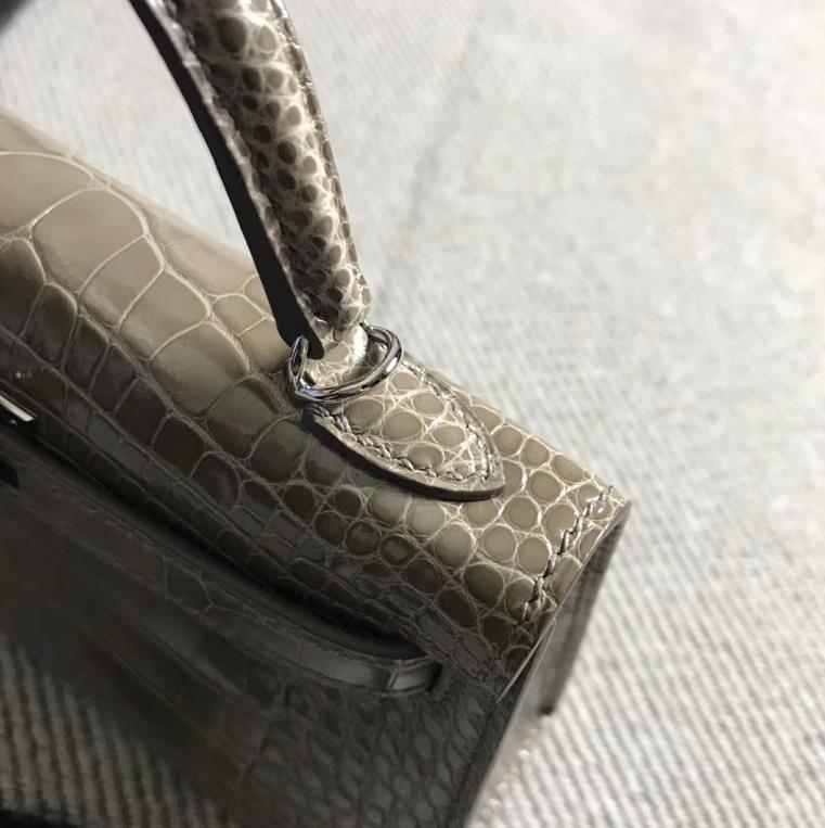Hermès（爱马仕）mini 迷你凯莉 大象灰 美洲鳄鱼方块 银扣 2代