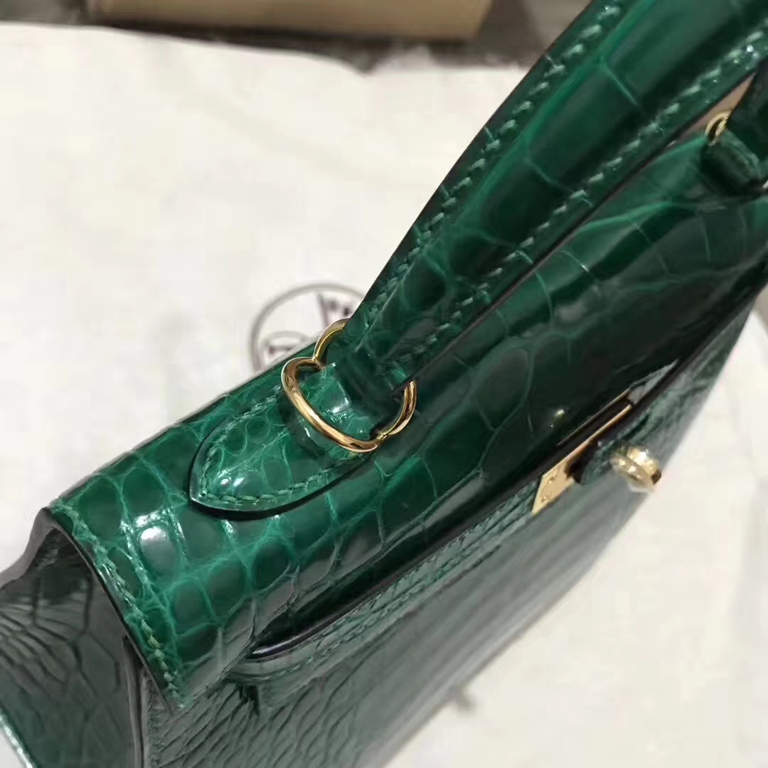 Hermès（爱马仕）Kelly Alligator shiny 亮面鳄鱼 6Ｑ 翡翠绿 金扣 25cm