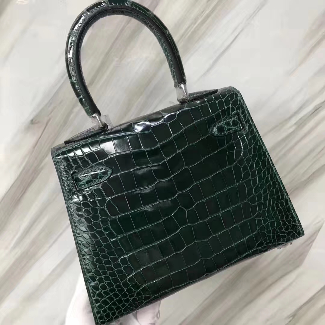 Hermès（爱马仕）Kelly20大耳朵 亮面框框美洲鳄 ck67祖母绿 顶级工艺 蜡线全手工 银扣