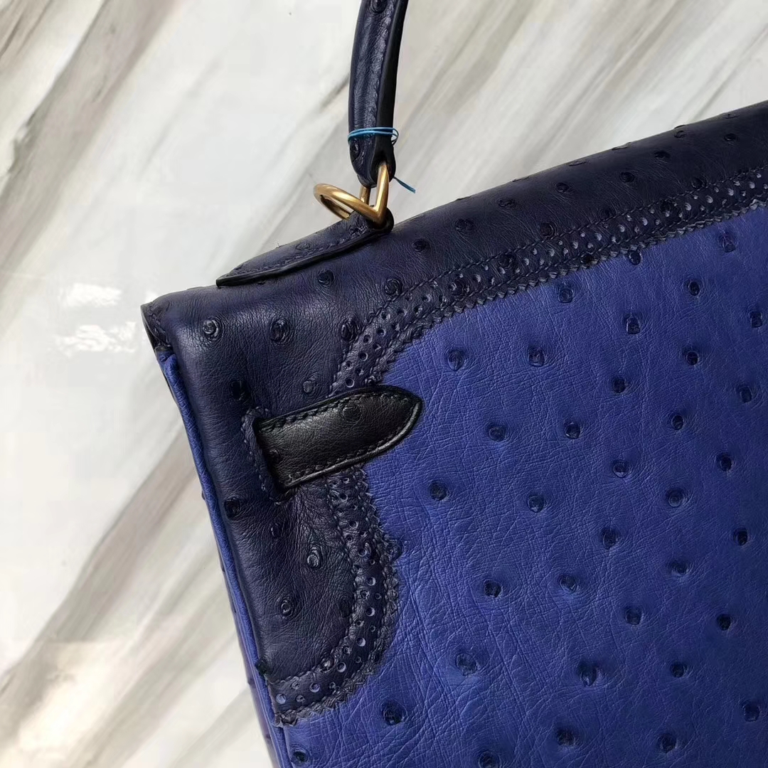 Hermès（爱马仕）Kelly凯莉包 Ostrich GHillies 蕾丝 鸵鸟 电光蓝拼黑色 金扣 32cm