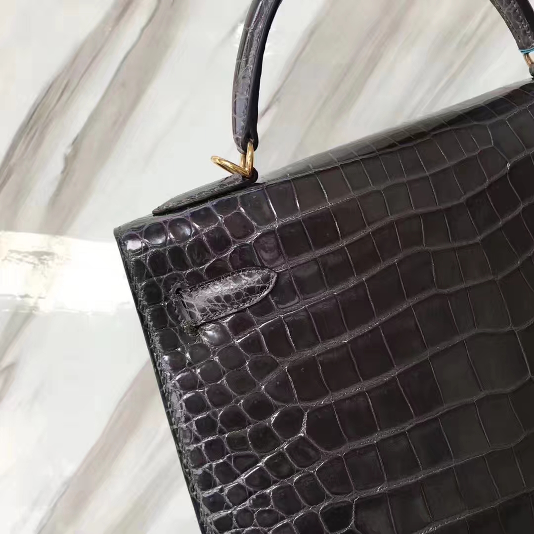 Hermès（爱马仕）Kelly凯莉包 shiny porosus 澳洲湾鳄 ck88石墨灰 蜡线全手工 金扣 32cm