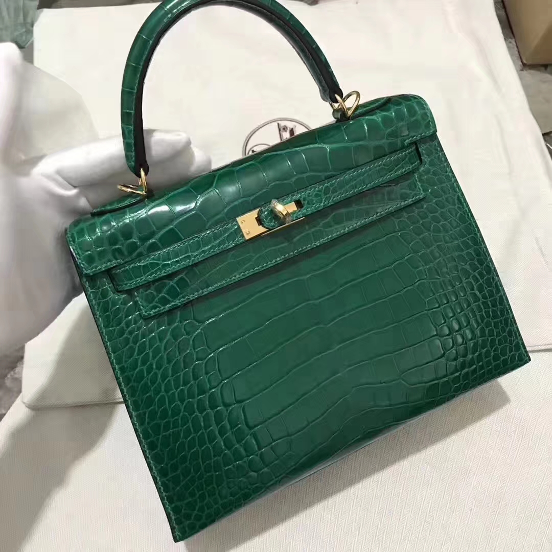 Hermès（爱马仕）Kelly Alligator shiny 亮面鳄鱼 6Ｑ 翡翠绿 金扣 25cm