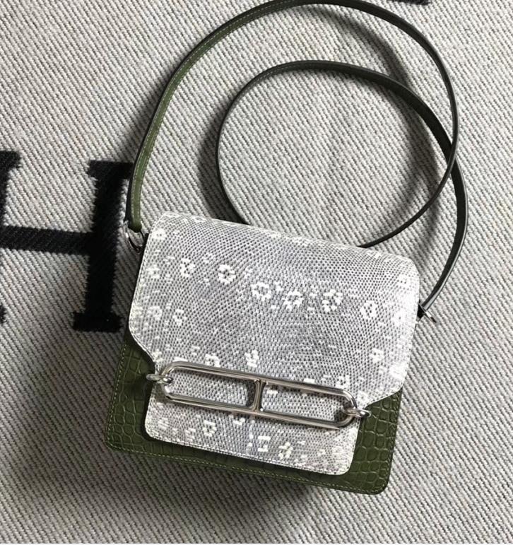 Hermès（爱马仕）Roulis猪鼻包 美洲配蜥蜴 森林绿 银扣 18cm