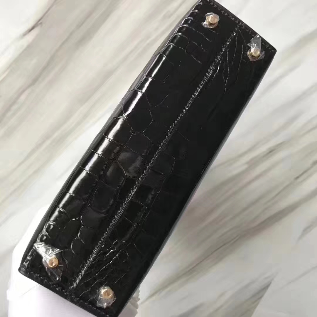 Hermès（爱马仕）Minikelly ll Alligator shiny 亮面鳄鱼 ck89 黑色 noir 金扣 现货