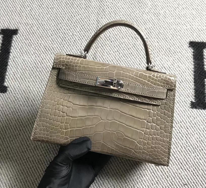 Hermès（爱马仕）mini 迷你凯莉 大象灰 美洲鳄鱼方块 银扣 2代