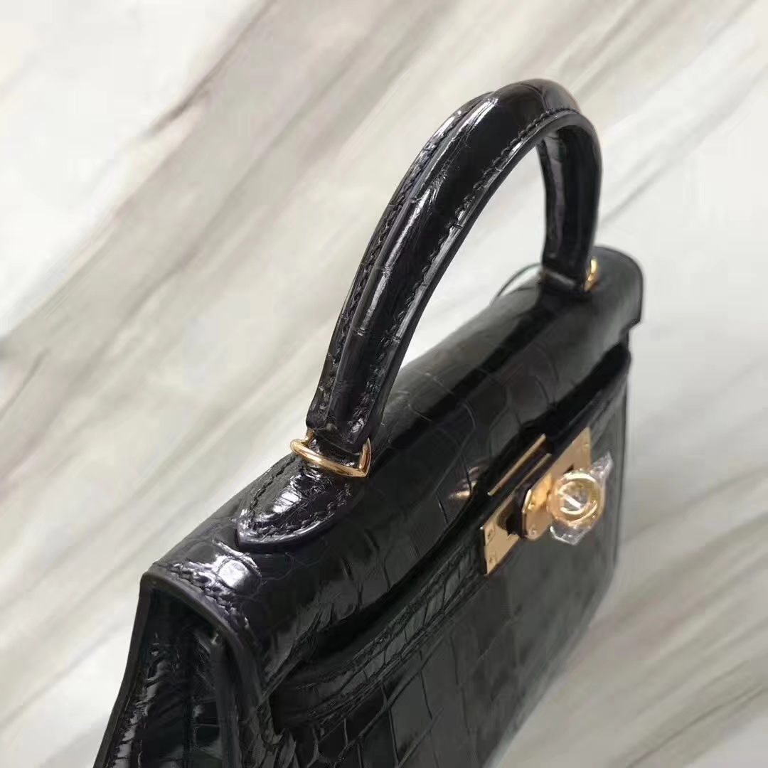Hermès（爱马仕）Minikelly ll Alligator shiny 亮面鳄鱼 ck89 黑色 noir 金扣 现货