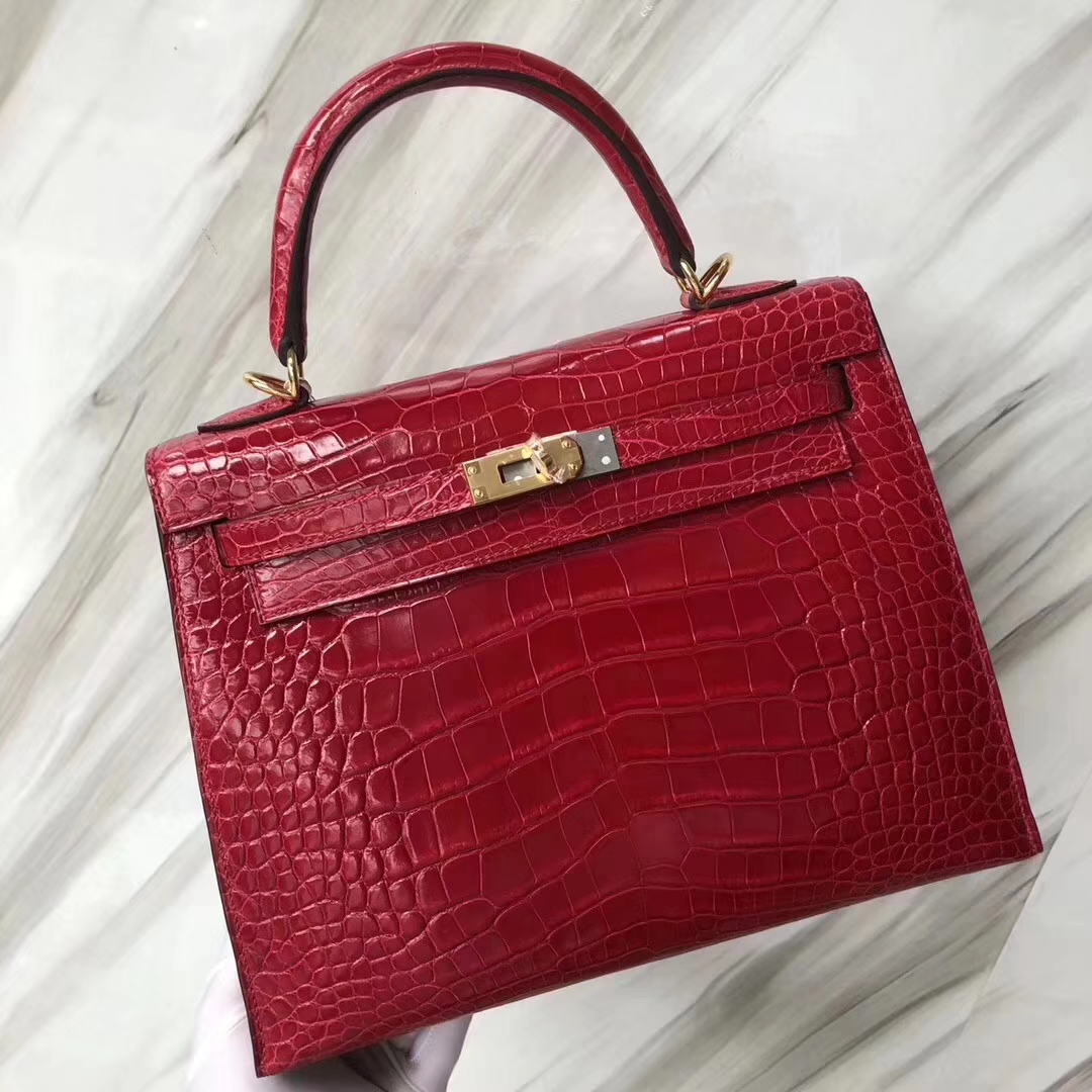 Hermès（爱马仕）Kelly凯莉包 Alligator shiny 亮面鳄鱼 ck95 法拉利红 Braise 金扣 25cm