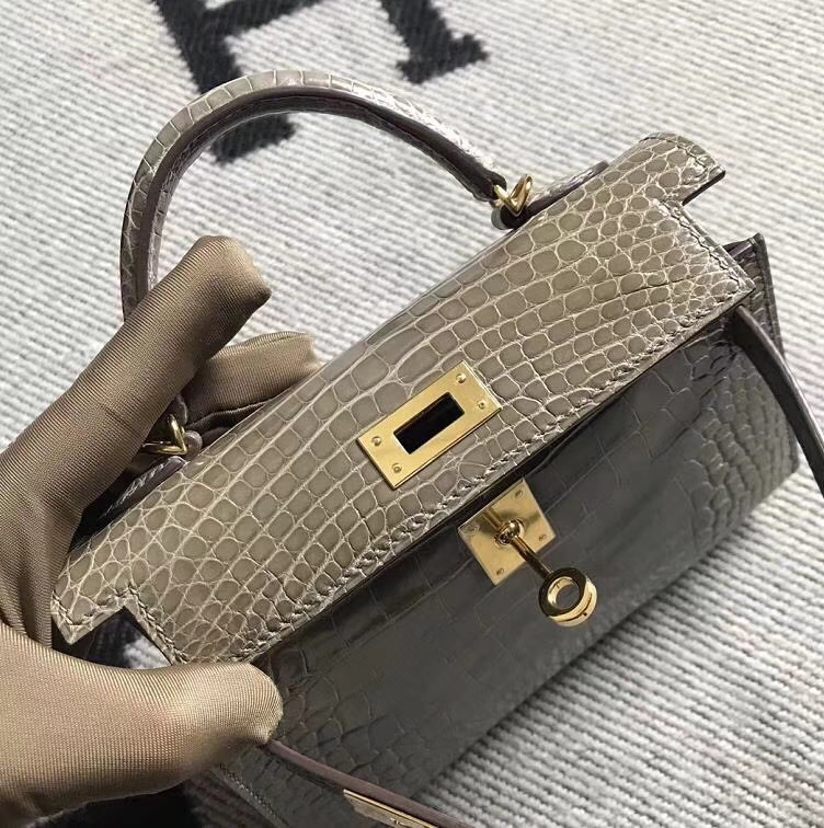 Hermès（爱马仕）minikelly 亮面鳄鱼皮 大象灰 金扣 2代