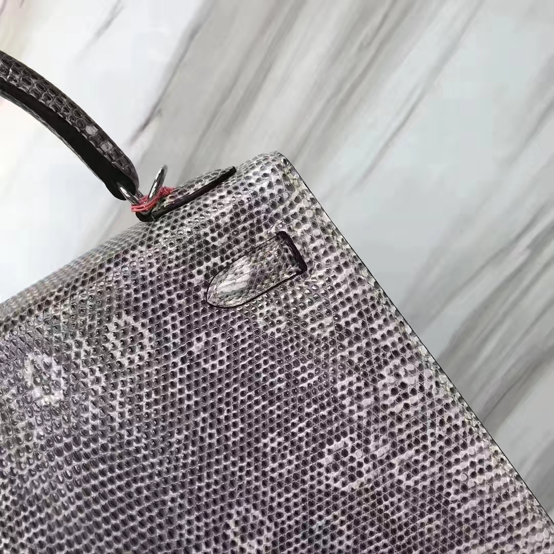 Hermès（爱马仕）Kelly凯莉包 Lizard 进口亮面蜥蜴 小喜马拉雅色 黑白色 银扣 25cm