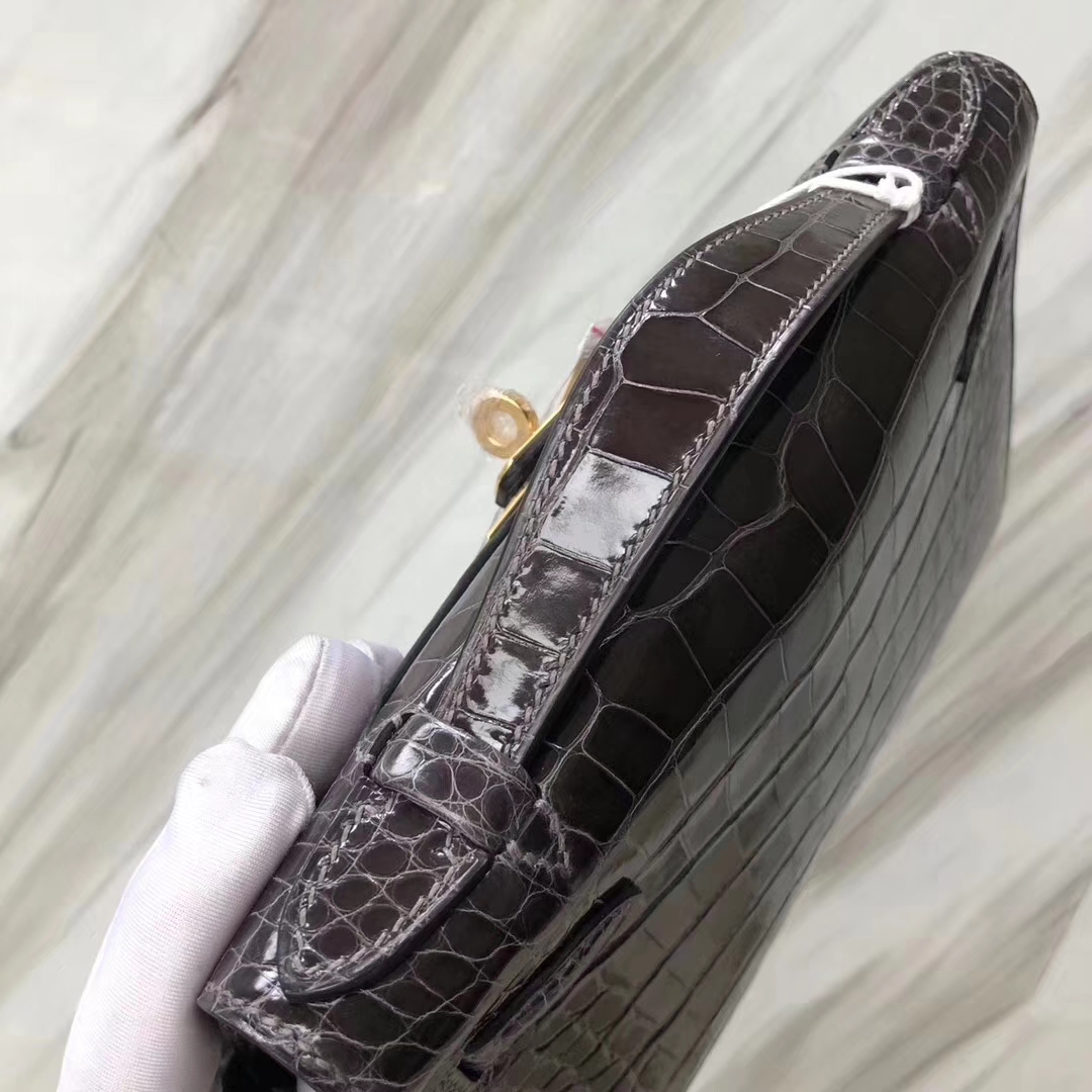 Hermès（爱马仕）Minikelly pochette 亮面鳄鱼 ck88 石墨灰 Graphite 金扣 22cm