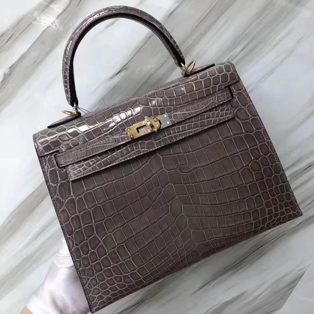 Hermès（爱马仕）Kelly凯莉包  shiny nilo crocodile 亮面两点尼罗鳄 ck81斑鸠灰 蜡线全手工 金扣 25cm