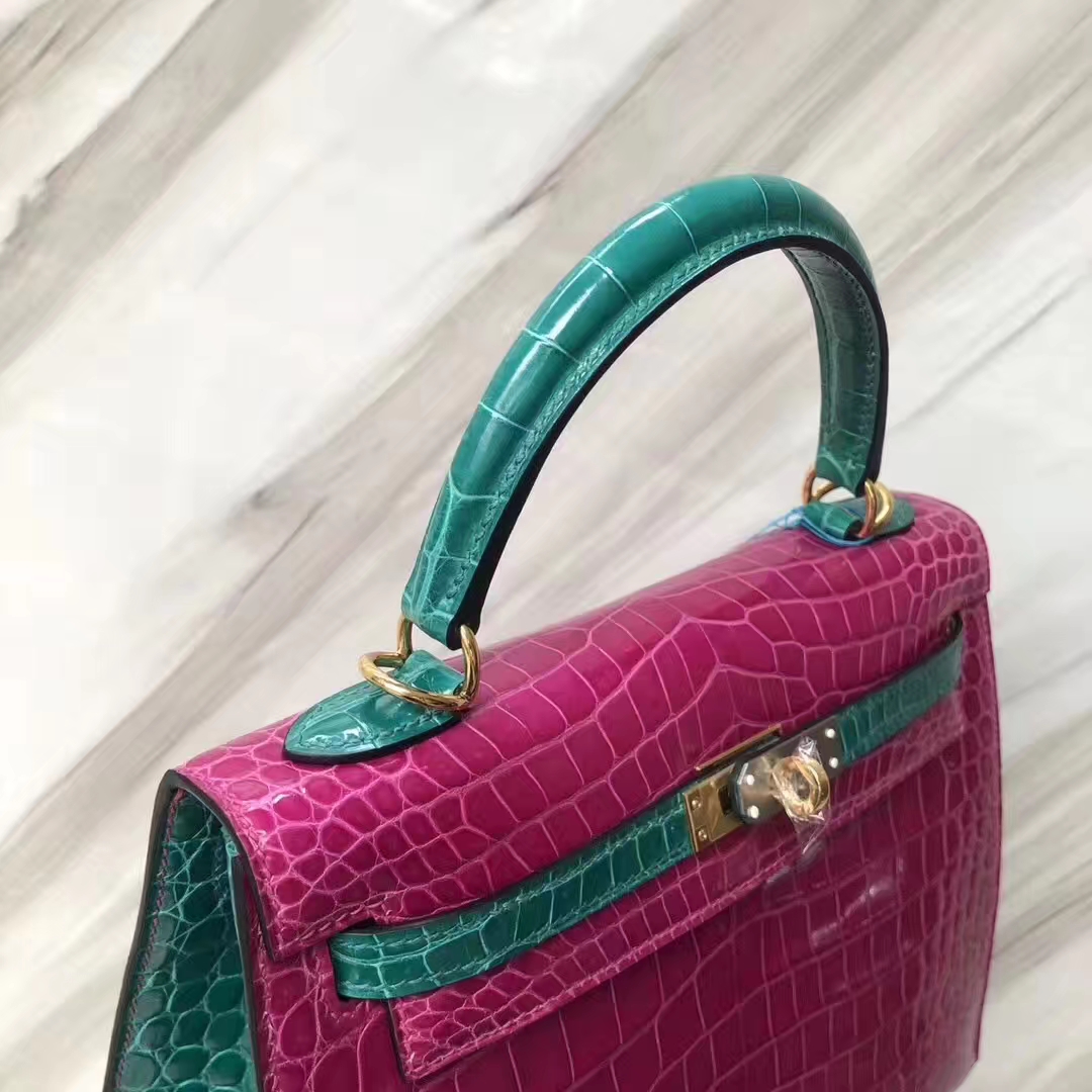 Hermès（爱马仕）Kelly 亮面澳洲湾鳄 J5 天方夜谭粉紫 6Ｑ翡翠绿 金扣 马蹄印 25cm