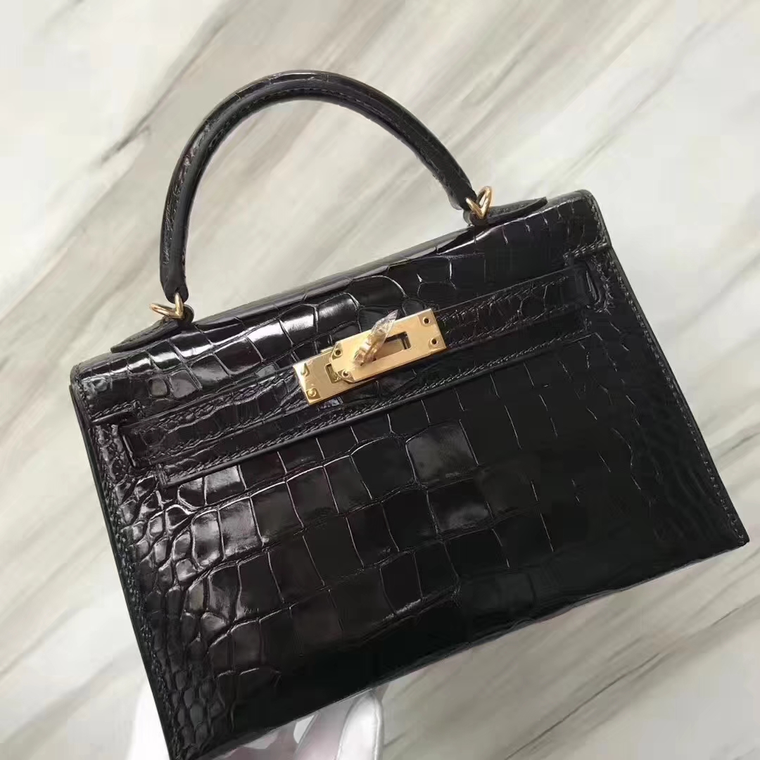 Hermès（爱马仕）Minikelly ll Alligator shiny 亮面鳄鱼 ck89 黑色 noir 金扣 现货
