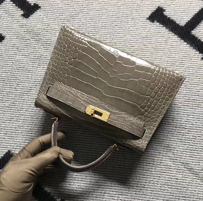 Hermès（爱马仕）minikelly 亮面鳄鱼皮 大象灰 金扣 2代