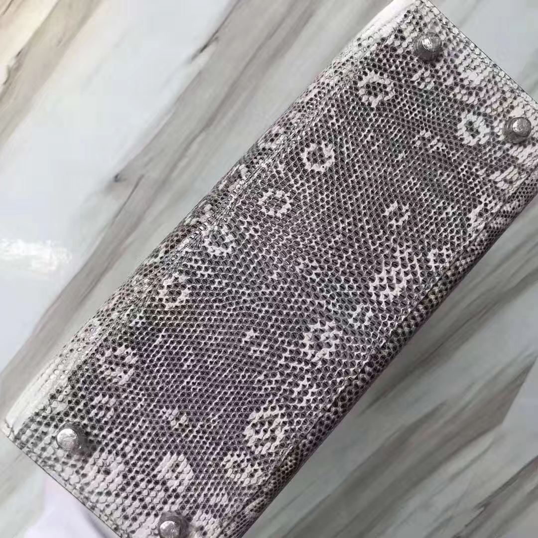 Hermès（爱马仕）Kelly凯莉包 Lizard 进口亮面蜥蜴 小喜马拉雅色 黑白色 银扣 25cm