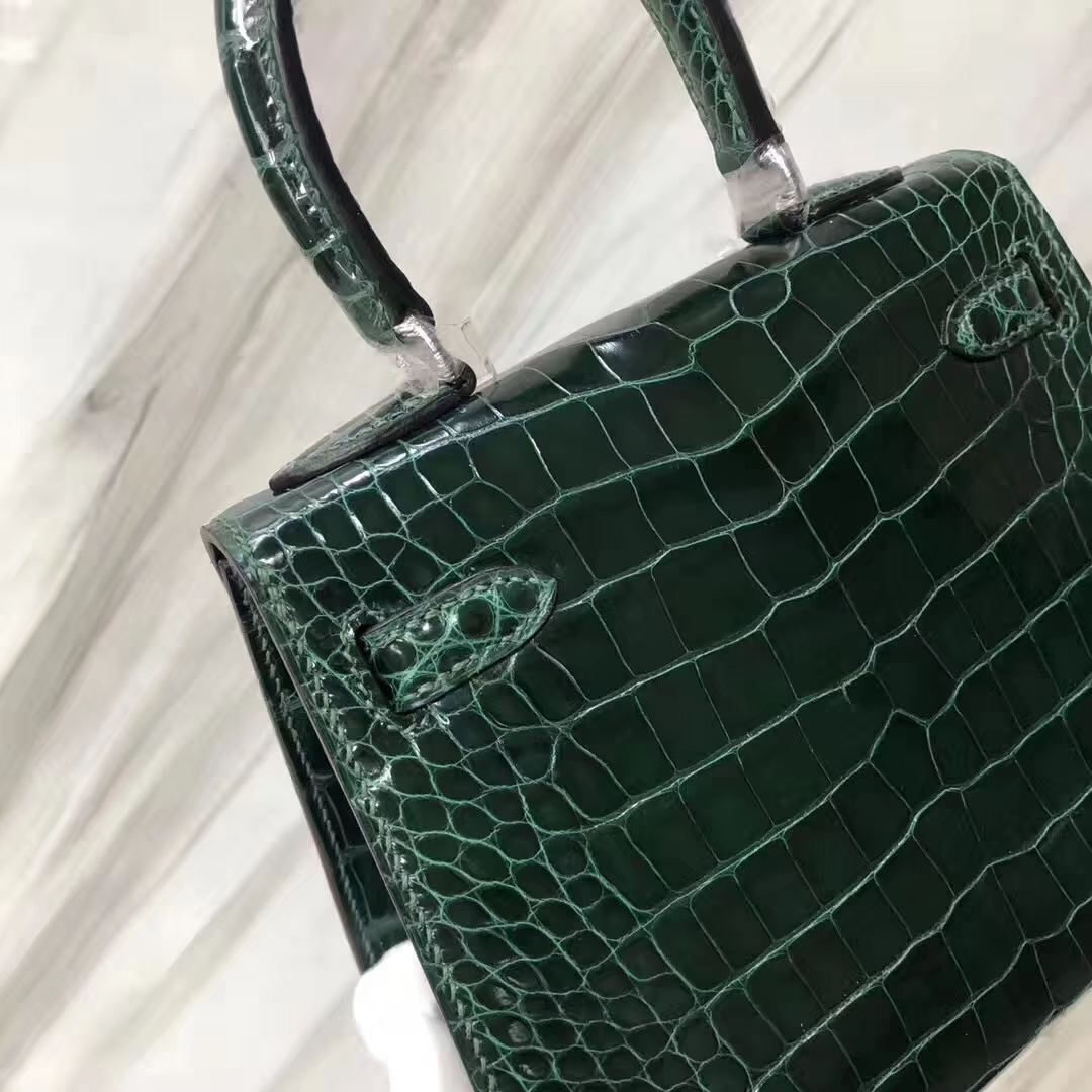 Hermès（爱马仕）Kelly20大耳朵 亮面框框美洲鳄 ck67祖母绿 顶级工艺 蜡线全手工 银扣